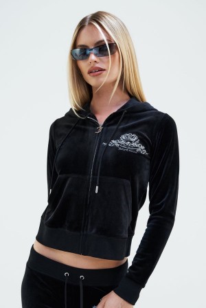 Juicy Couture Arch Embroide Zip Through Classic Velour Hoodie Svarte | JC-SN652091