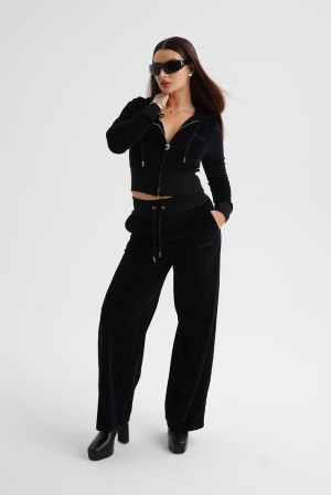 Juicy Couture Brede Leg Arched Monogram Luxe Velour Track Pant Svarte | JC-SN652144