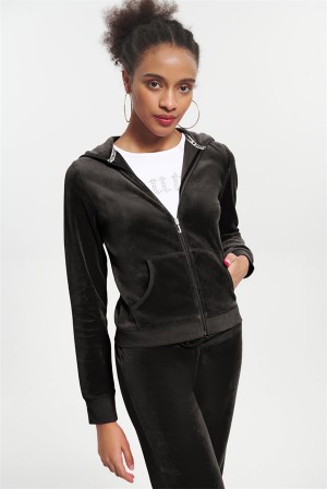 Juicy Couture Classic Bomull Velour Hoodie Svarte | JC-SN651587