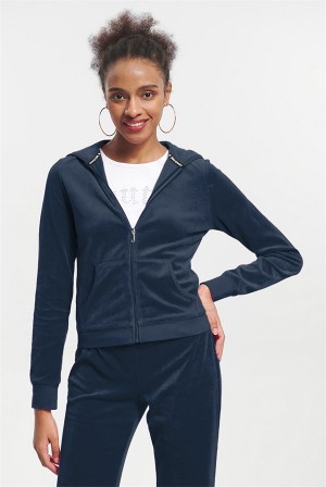 Juicy Couture Classic Bomull Velour Hoodie Blå | JC-SN651591