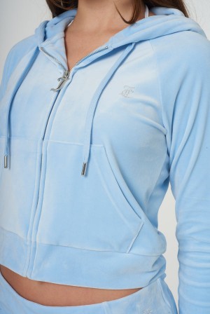 Juicy Couture Diamante Velour Zip-through Hoodie Blå | JC-SN651974