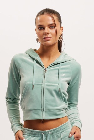 Juicy Couture Diamante Velour Zip-through Hoodie Blå | JC-SN652112