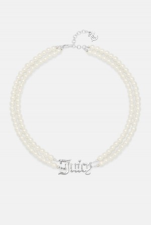 Juicy Couture Double Row Pearl Pavè Crystal Juicy Choker Sølv | JC-SN652364