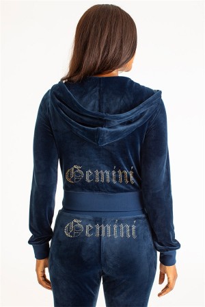 Juicy Couture Gemini Big Bling Velour Hoodie Blå | JC-SN651548