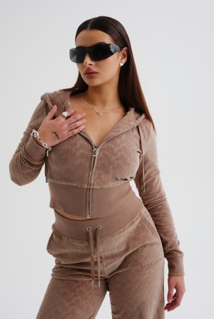 Juicy Couture Luxe Velour Zip Corset Hoodie Brune | JC-SN652142