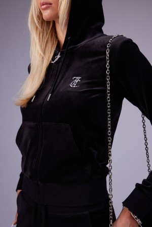 Juicy Couture Mixed Crystal Classic Velour Robertson Hoodie Svarte | JC-SN652066