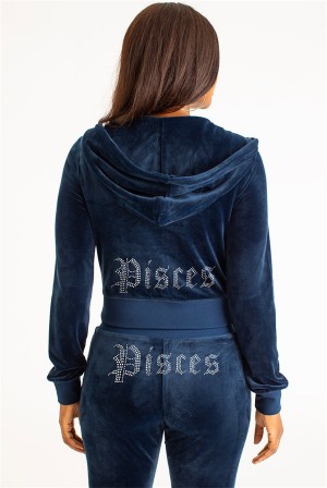 Juicy Couture Pisces Big Bling Velour Hoodie Blå | JC-SN651556