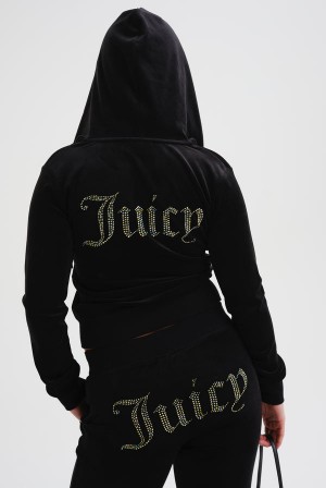 Juicy Couture Velour Mixed Iridescent Diamante Zip-through Hoodie Svarte | JC-SN652087