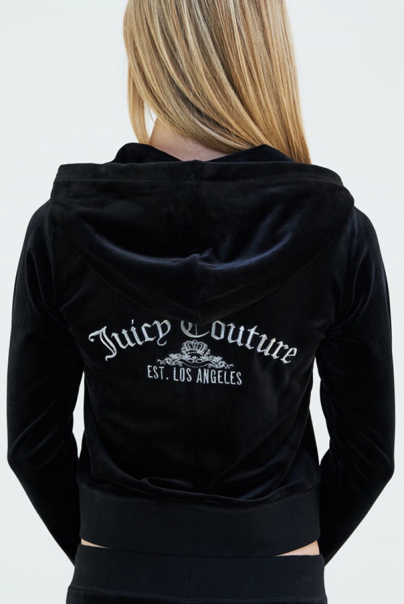 Juicy Couture Arch Embroide Zip Through Classic Velour Hoodie Svarte | JC-SN652091