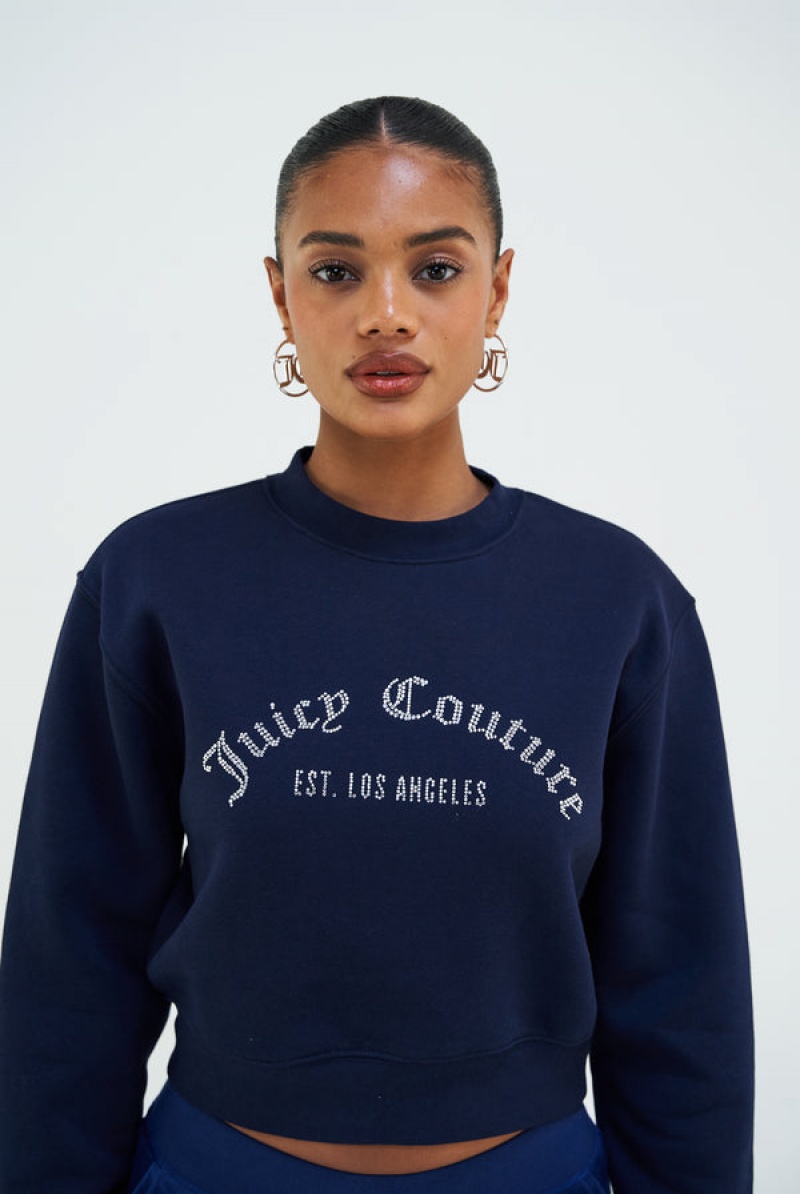 Juicy Couture Arched Diamante Fleece Sweatshirt Marineblå | JC-SN652286