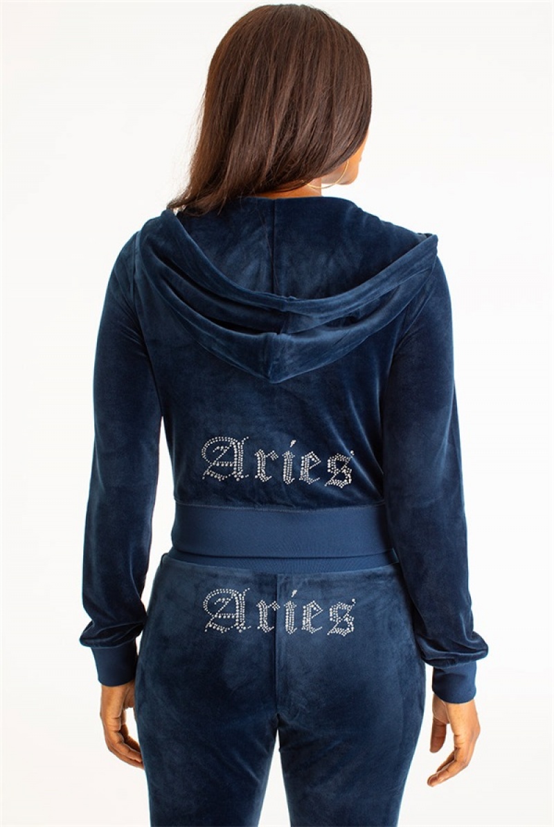 Juicy Couture Aries Big Bling Velour Hoodie Blå | JC-SN651656