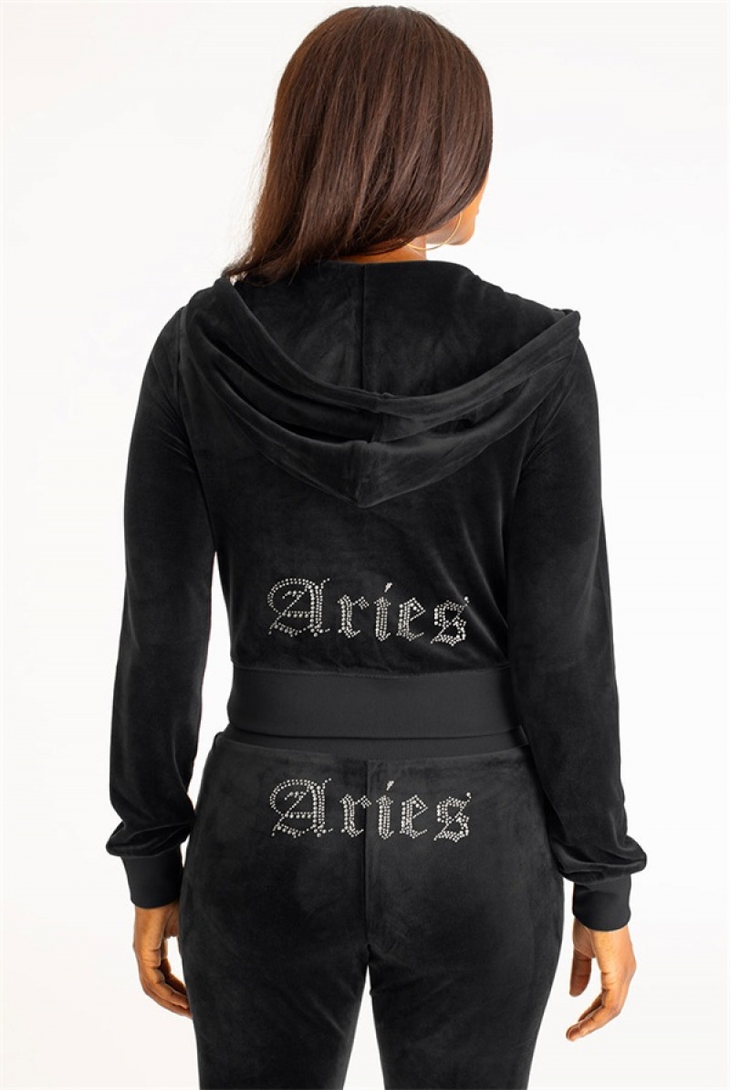 Juicy Couture Aries Big Bling Velour Hoodie Svarte | JC-SN651558