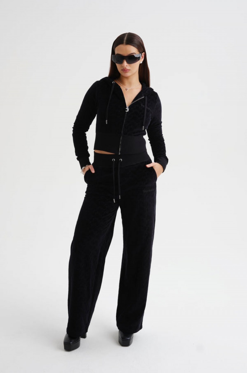 Juicy Couture Brede Leg Arched Monogram Luxe Velour Track Pant Svarte | JC-SN652144