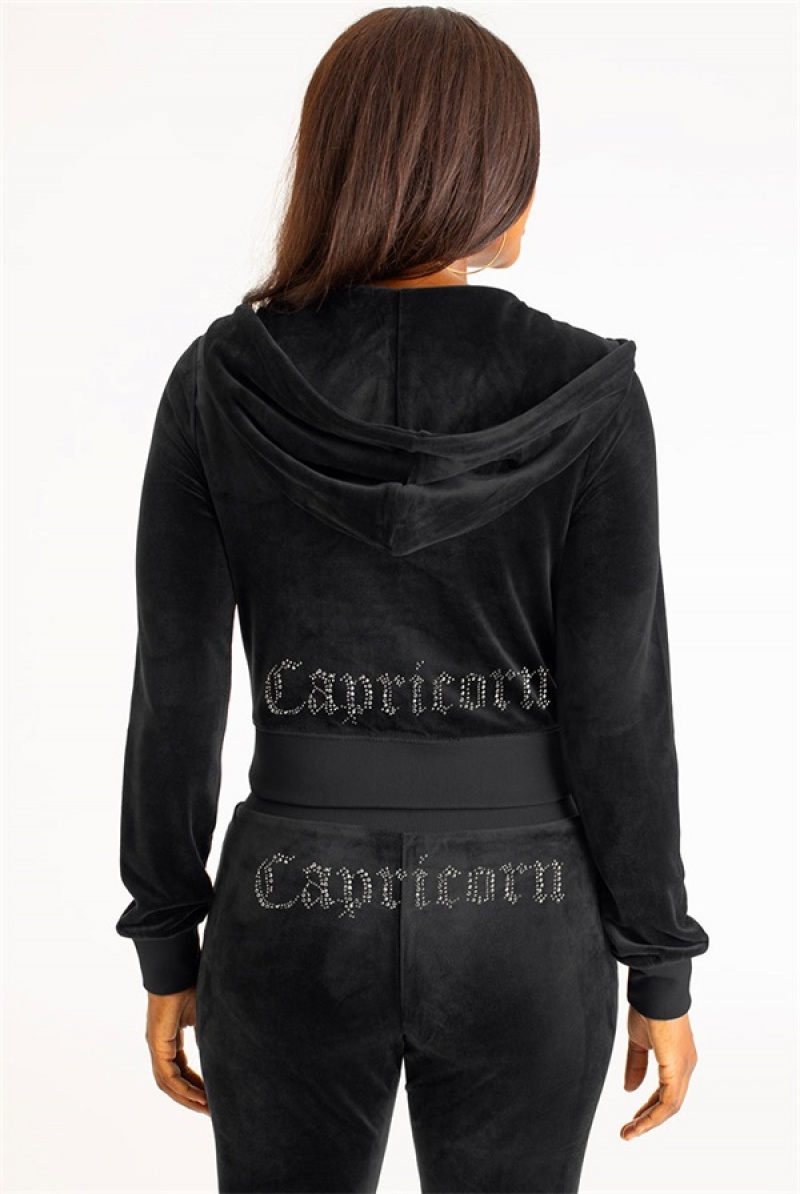 Juicy Couture Capricorn Big Bling Velour Hoodie Svarte | JC-SN651646