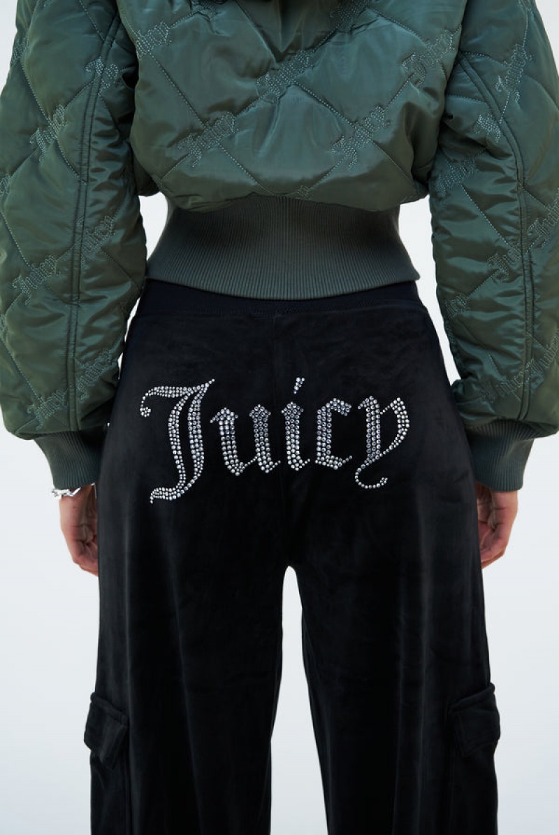 Juicy Couture Cargo Velour Diamante Trouser Svarte | JC-SN652092