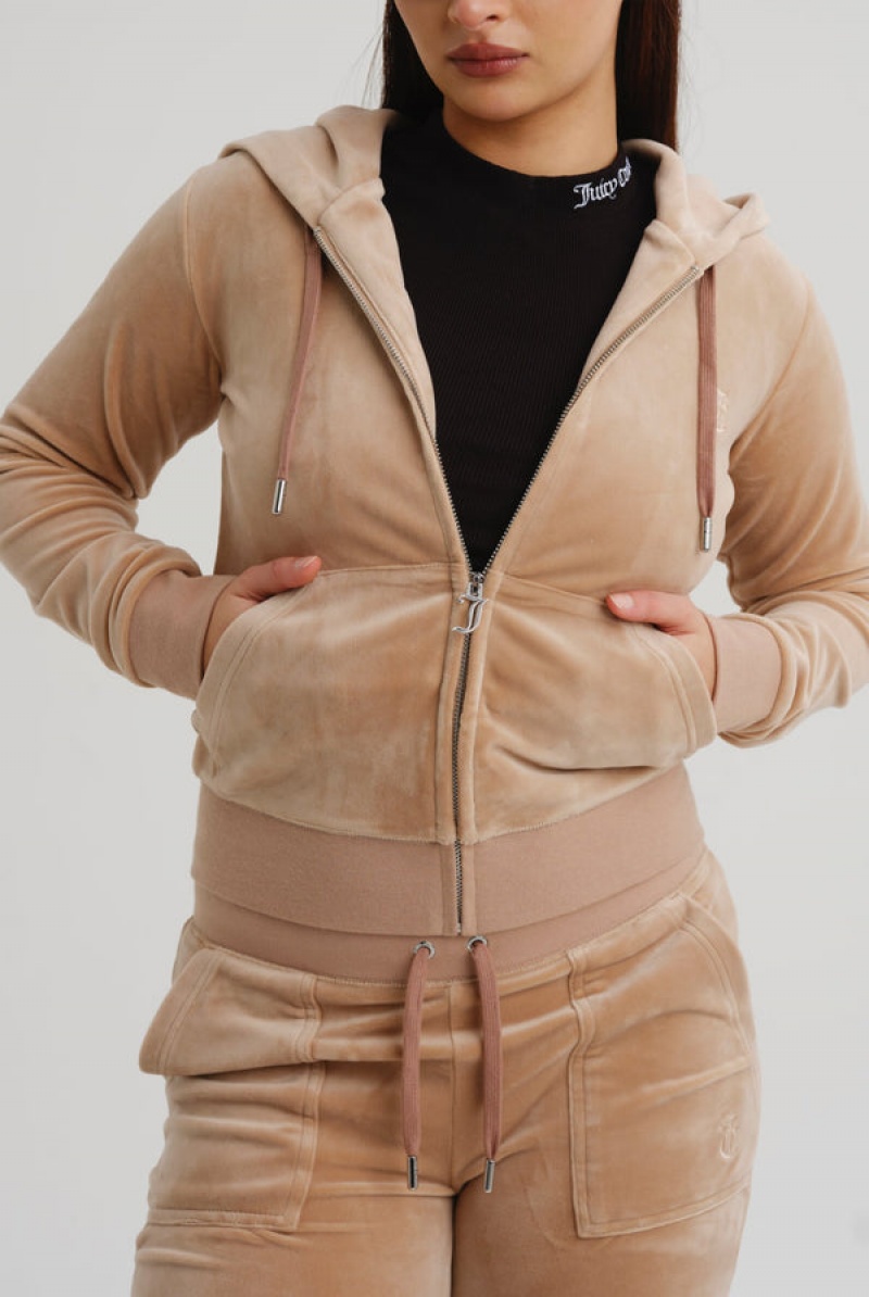 Juicy Couture Classic Velour Robertson Hoodie Beige | JC-SN652079