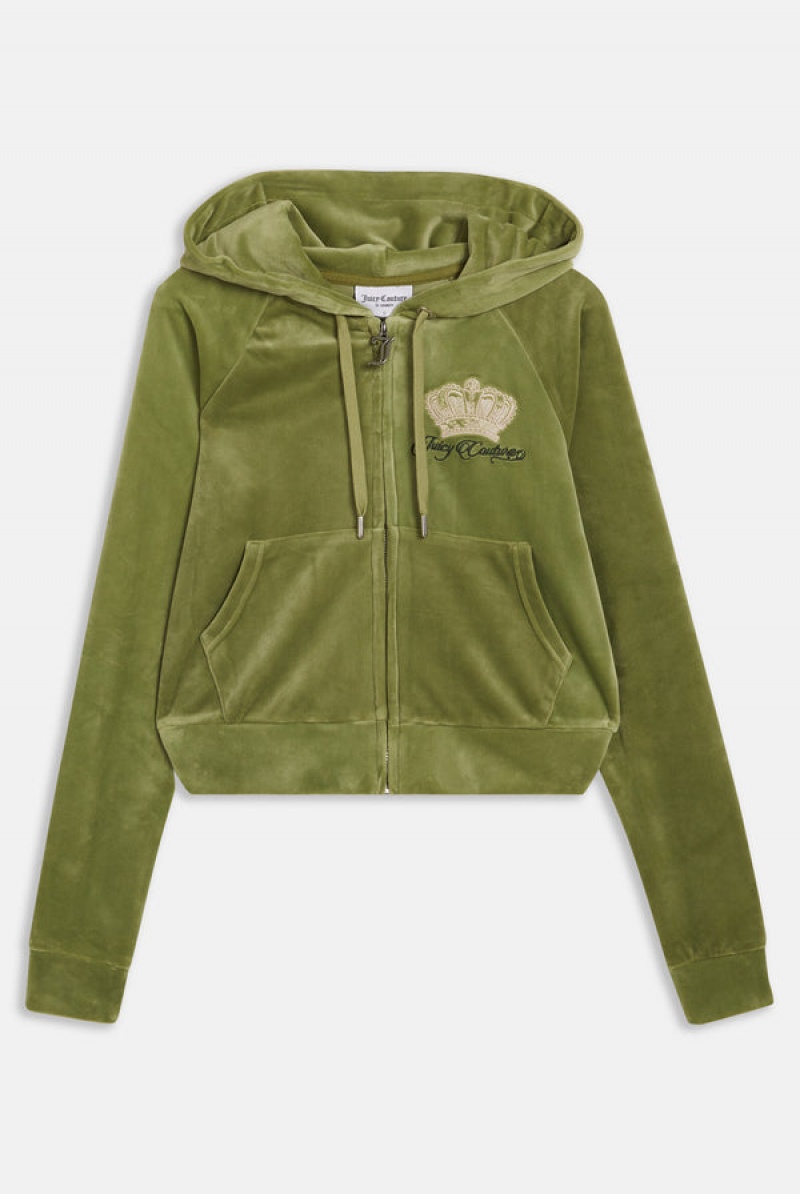 Juicy Couture Crown Embroide Velour Zip-through Hoodie Grønn | JC-SN651985