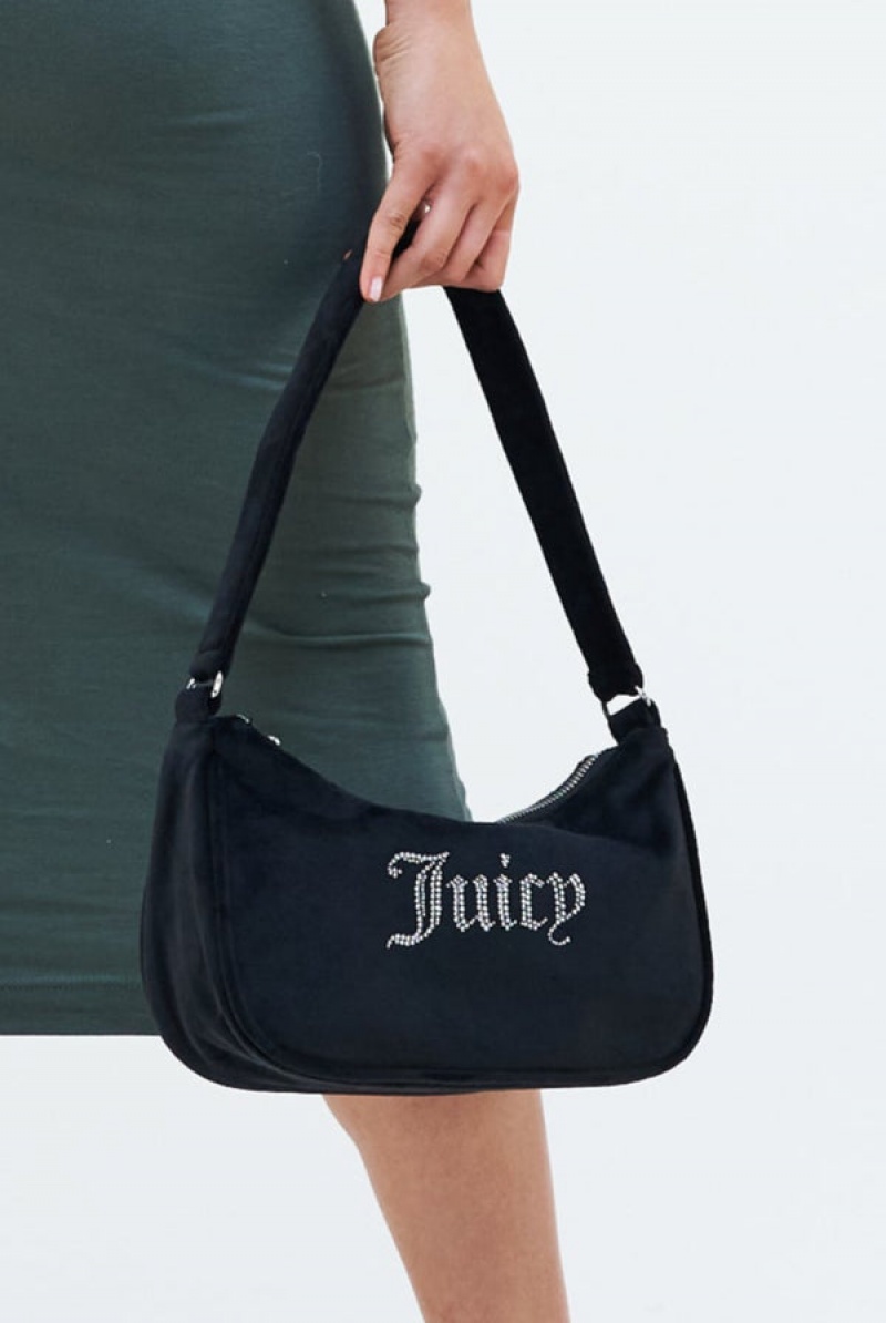 Juicy Couture Diamante Velour Shoulder Bag Svarte | JC-SN652214