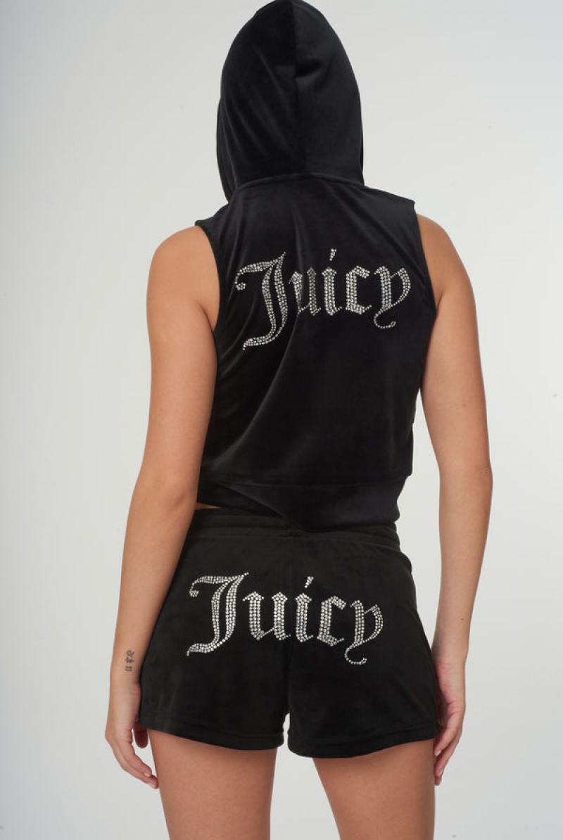 Juicy Couture Diamante Velour Zip-through Gilet Svarte | JC-SN651964