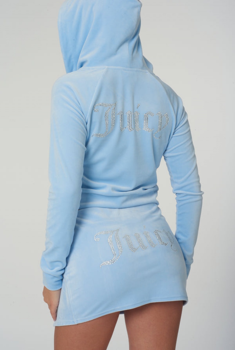 Juicy Couture Diamante Velour Zip-through Hoodie Blå | JC-SN651974