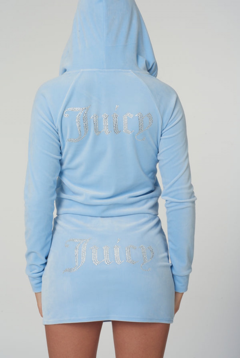 Juicy Couture Diamante Velour Zip-through Hoodie Blå | JC-SN651974