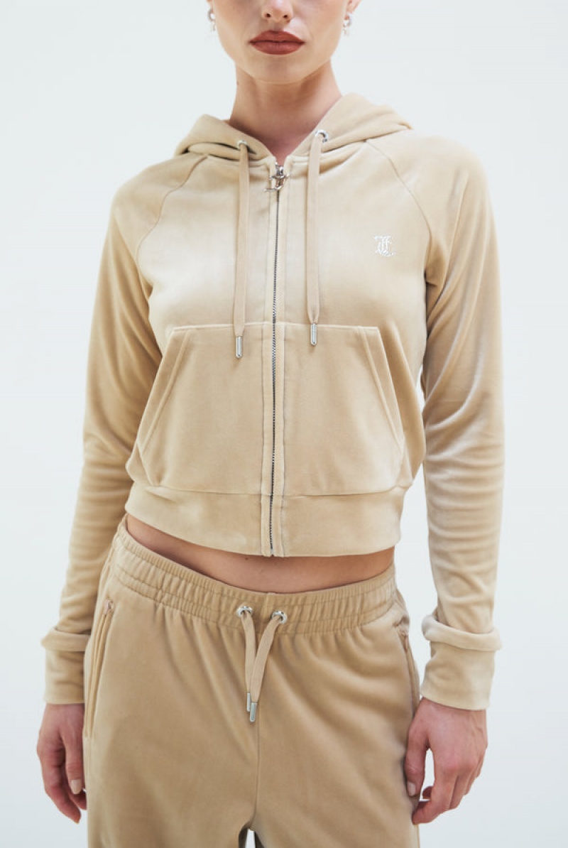 Juicy Couture Diamante Velour Zip-through Hoodie Beige | JC-SN652098