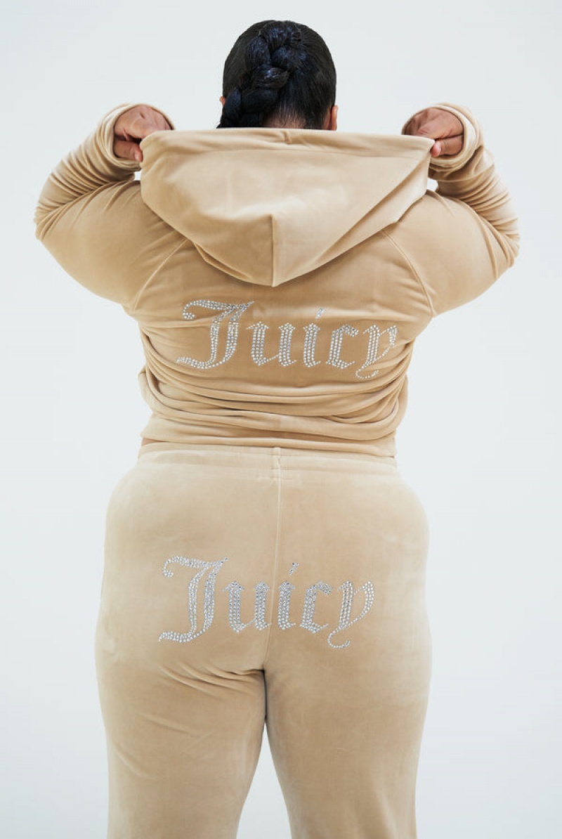 Juicy Couture Diamante Velour Zip-through Hoodie Beige | JC-SN652098