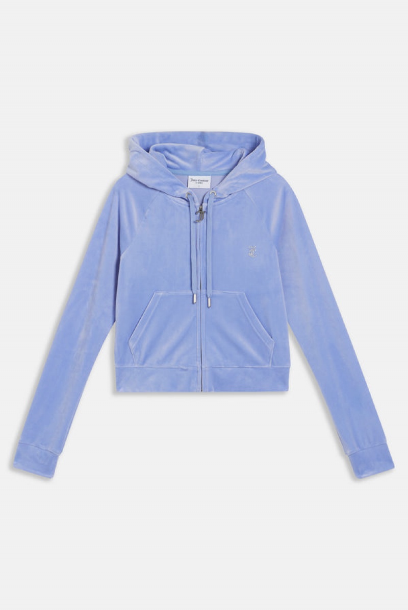 Juicy Couture Diamante Velour Zip-through Hoodie Blå | JC-SN652110