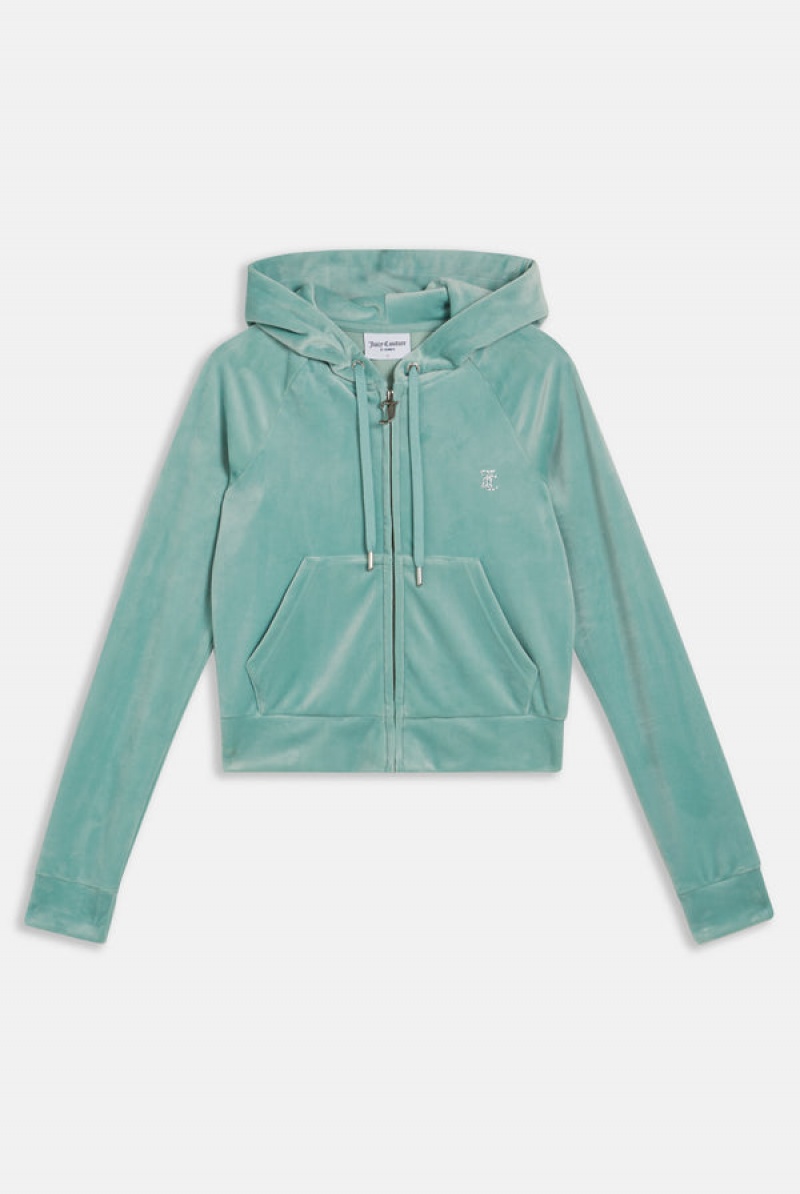 Juicy Couture Diamante Velour Zip-through Hoodie Blå | JC-SN652112