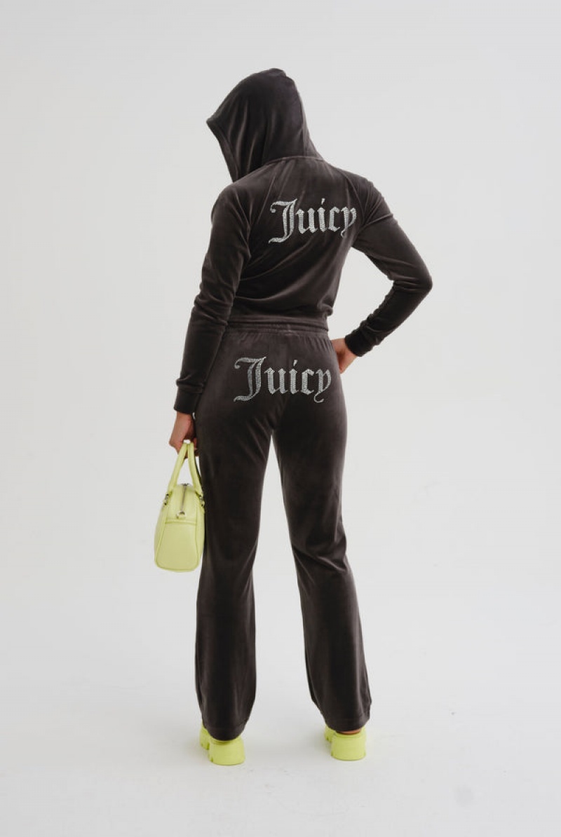 Juicy Couture Diamante Velour Zip-through Hoodie Svarte | JC-SN652149