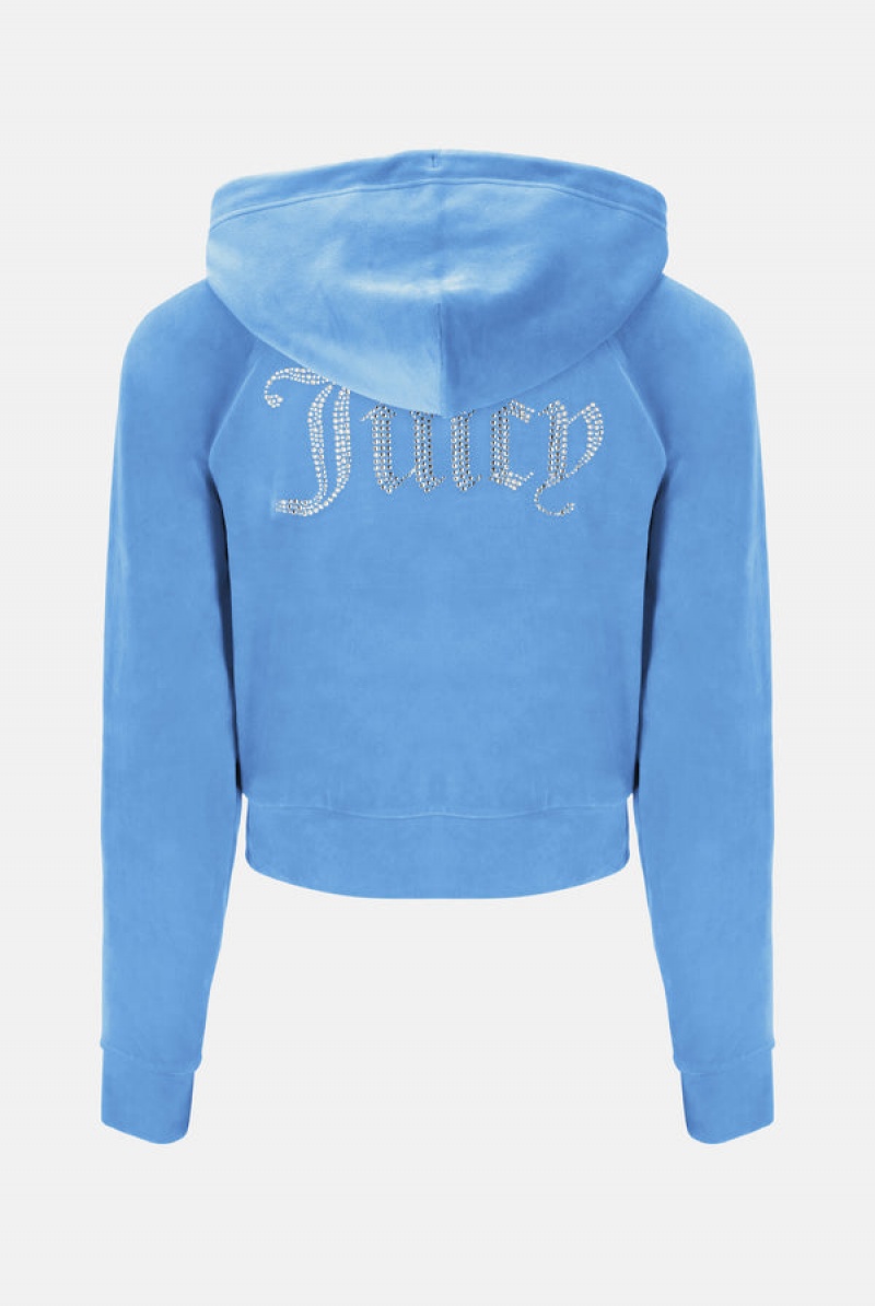 Juicy Couture Diamante Velour Zip-through Hoodie Blå | JC-SN652154