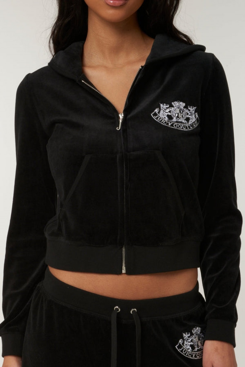 Juicy Couture Dog Crest Bamboo Velour Heritage Hoodie Svarte | JC-SN652174