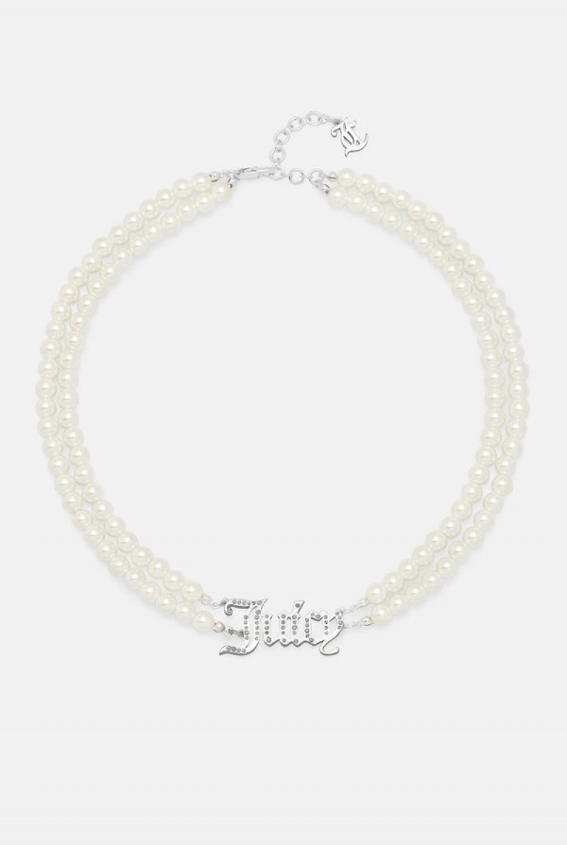 Juicy Couture Double Row Pearl Pavè Crystal Juicy Choker Sølv | JC-SN652364