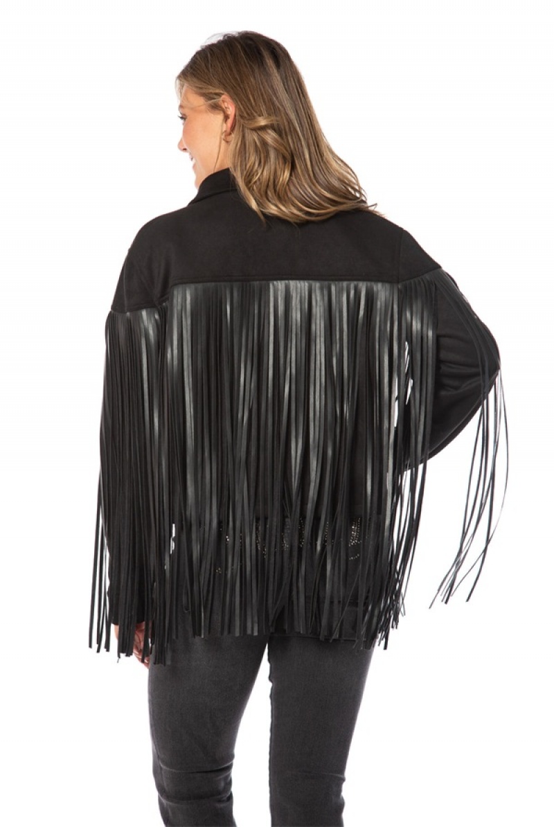 Juicy Couture Faux Lær Fringe Trucker Jacket Svarte | JC-SN651675