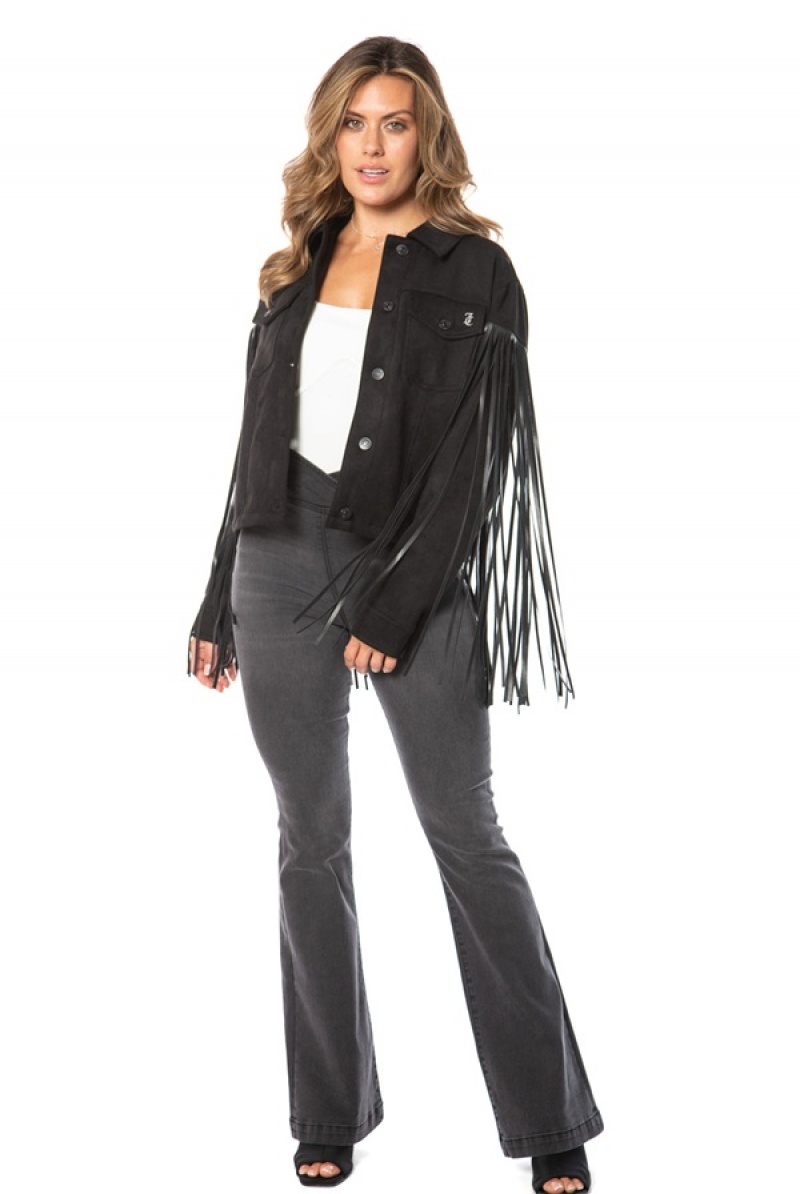 Juicy Couture Faux Lær Fringe Trucker Jacket Svarte | JC-SN651675