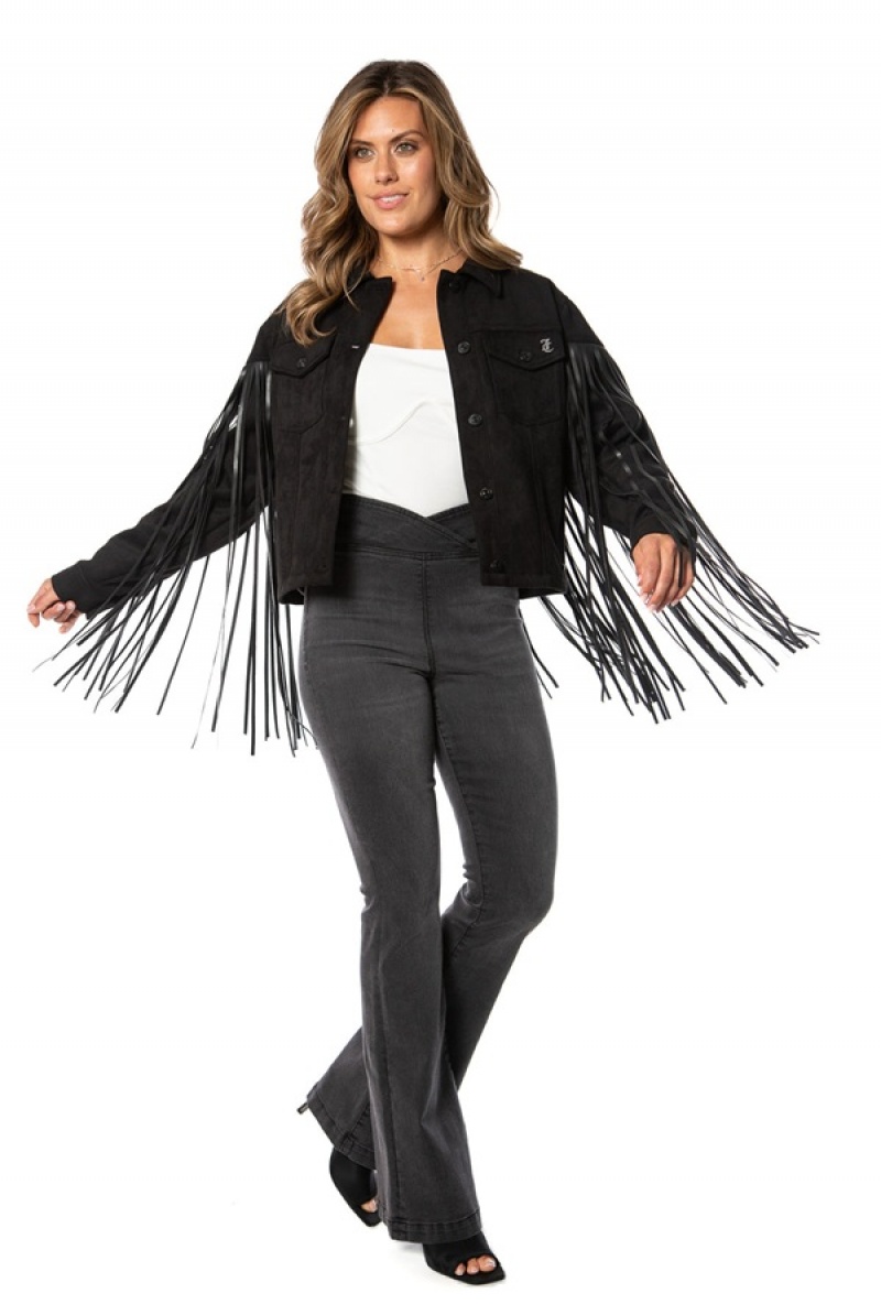 Juicy Couture Faux Lær Fringe Trucker Jacket Svarte | JC-SN651675