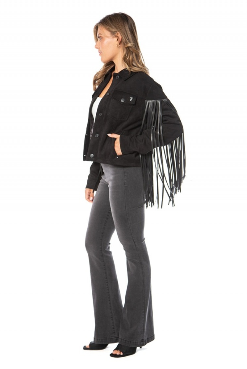 Juicy Couture Faux Lær Fringe Trucker Jacket Svarte | JC-SN651675