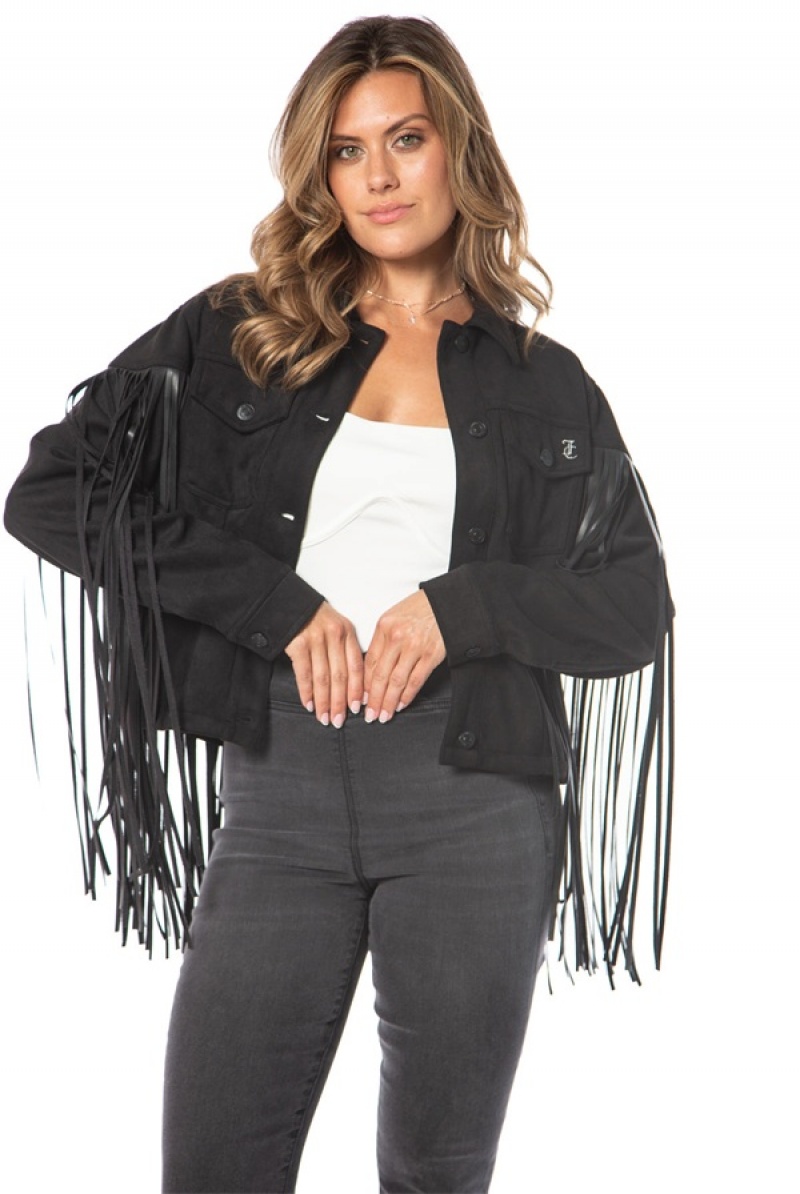 Juicy Couture Faux Lær Fringe Trucker Jacket Svarte | JC-SN651675