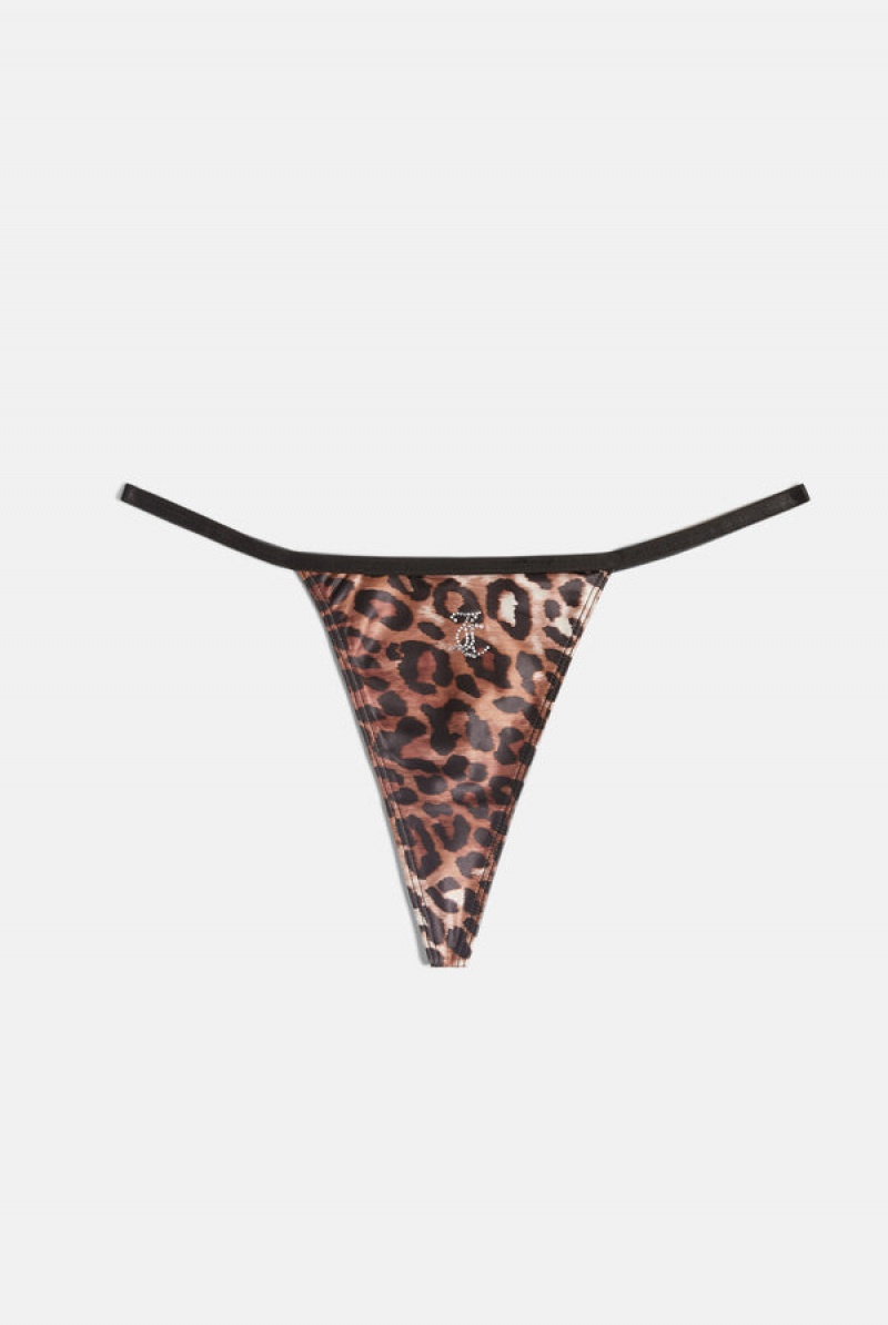 Juicy Couture Leopard Print Satin T-bar Charm Thong Svarte | JC-SN652262