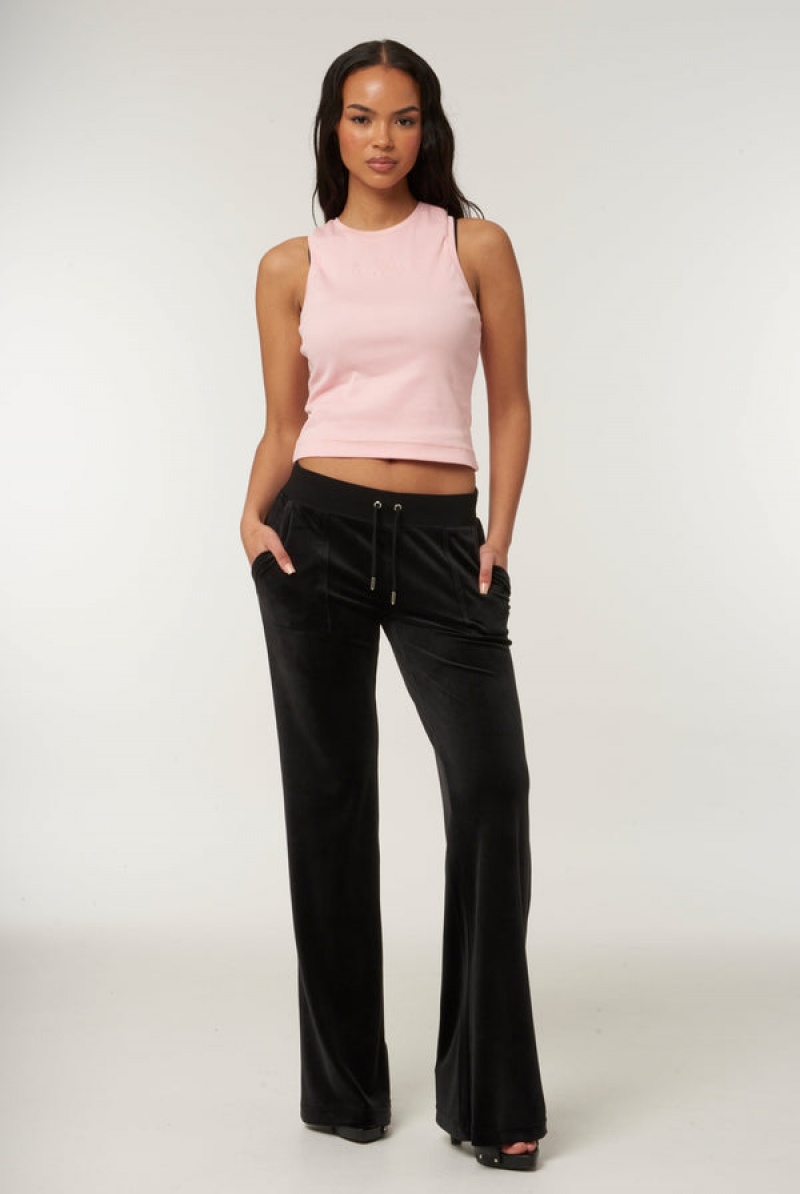 Juicy Couture Low Rise Flare Pocket Classic Velour Track Pant Svarte | JC-SN651958