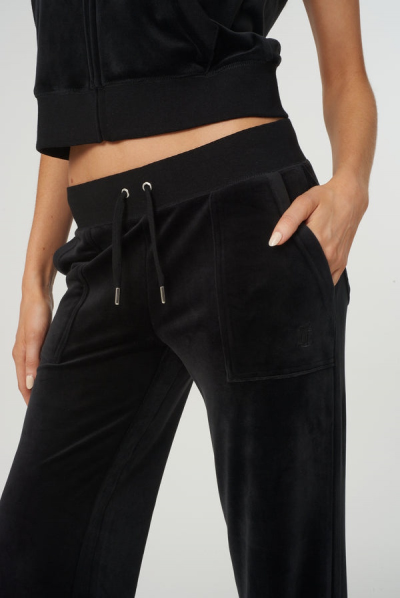 Juicy Couture Low Rise Flare Pocket Classic Velour Track Pant Svarte | JC-SN651958