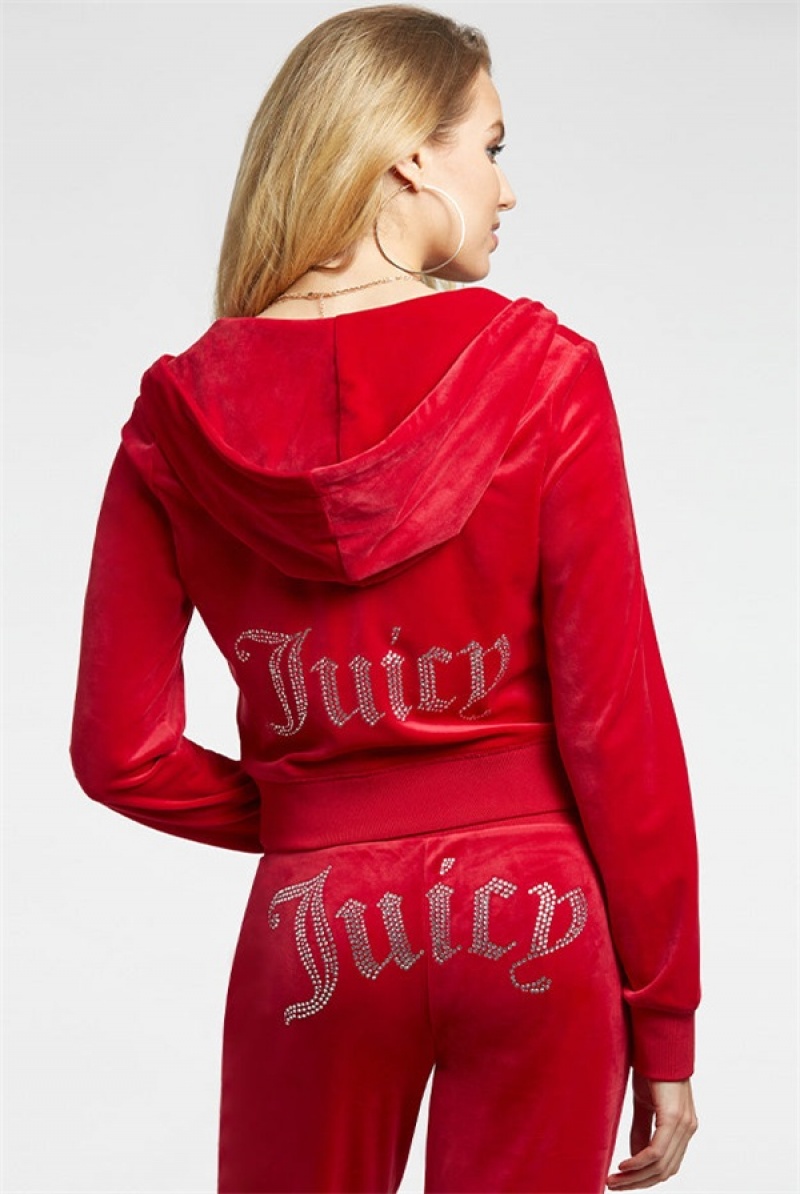 Juicy Couture Og Big Bling Velour Hoodie Rød | JC-SN651532