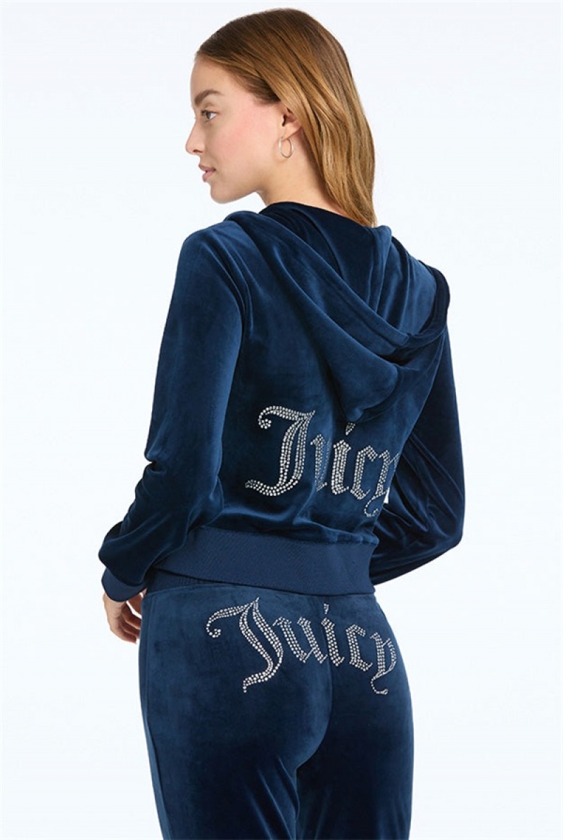 Juicy Couture Og Big Bling Velour Hoodie Blå | JC-SN651565