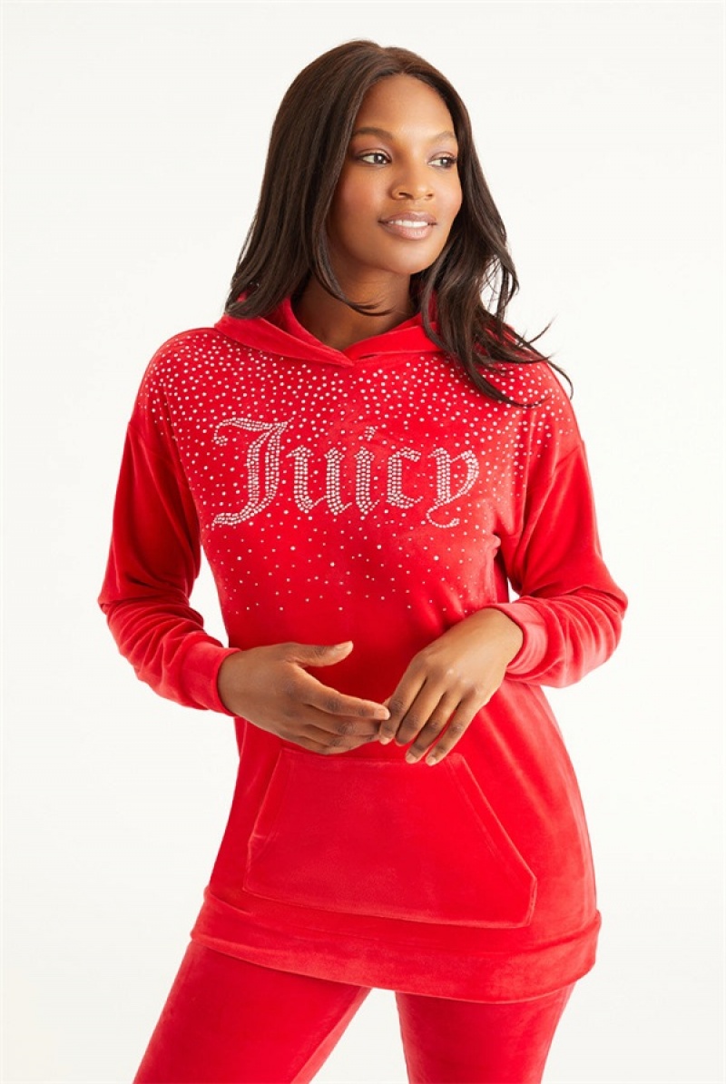 Juicy Couture Oversized Big Bling Hoodie With Rhinestones Rød | JC-SN651693