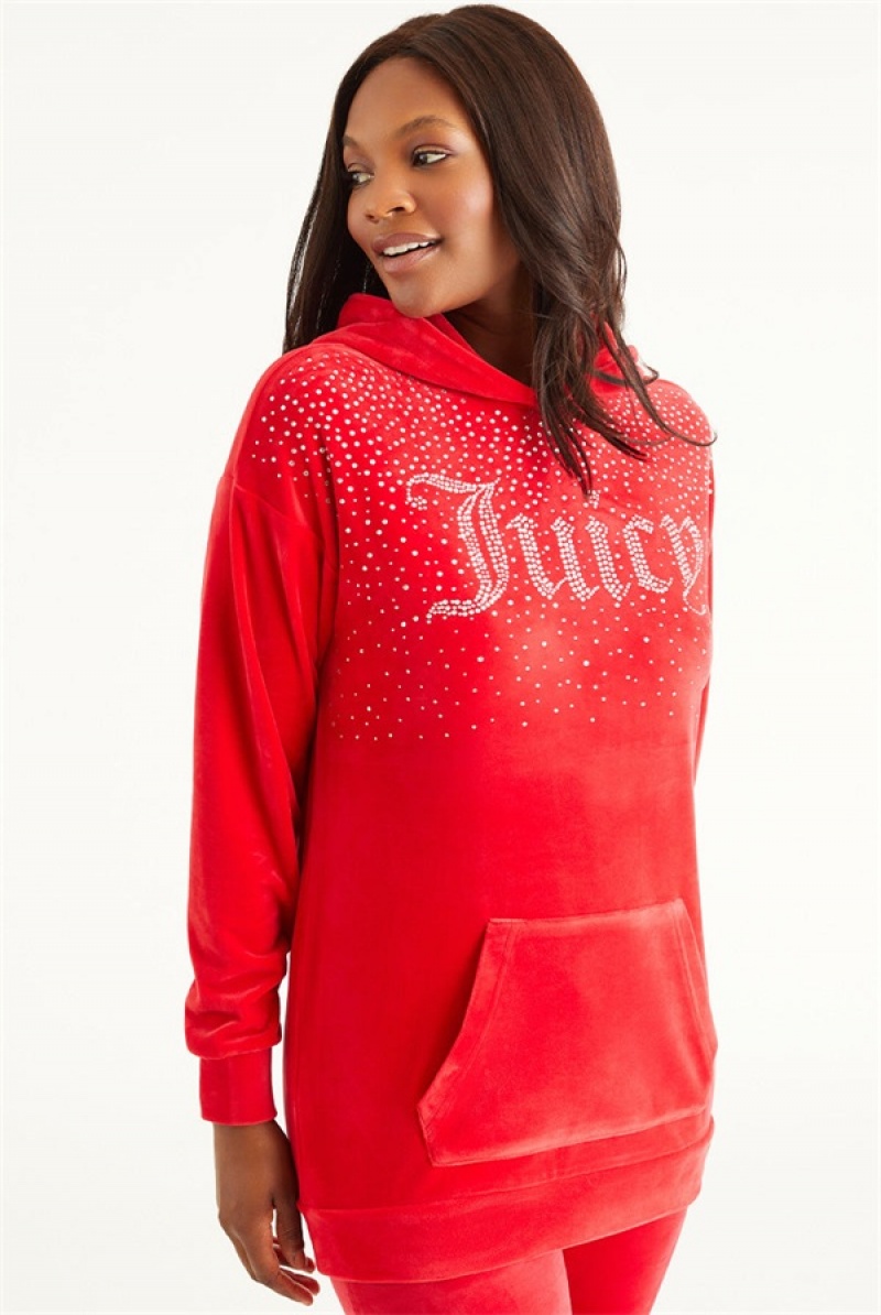 Juicy Couture Oversized Big Bling Hoodie With Rhinestones Rød | JC-SN651693