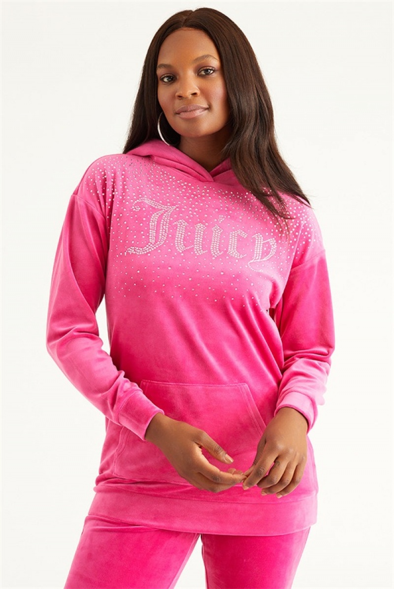 Juicy Couture Oversized Big Bling Hoodie With Rhinestones Rosa | JC-SN651694