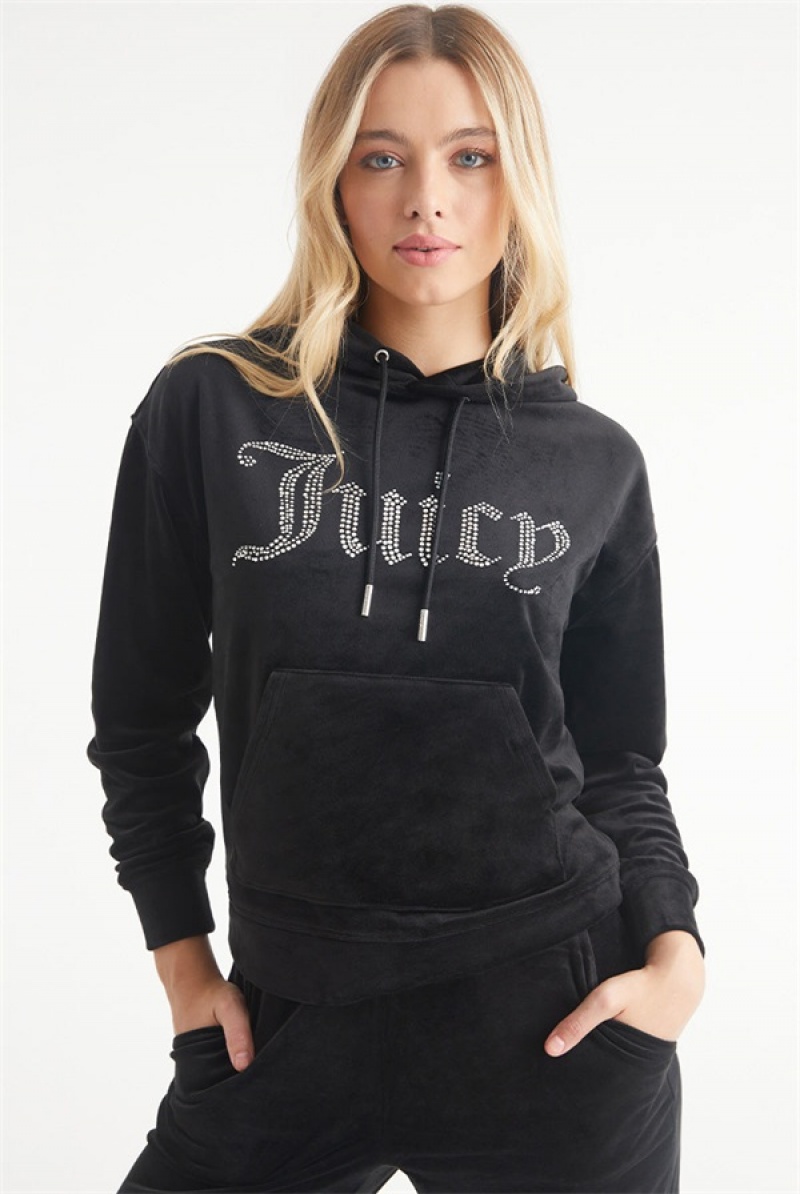 Juicy Couture Oversized Big Bling Velour Hoodie Svarte | JC-SN651540