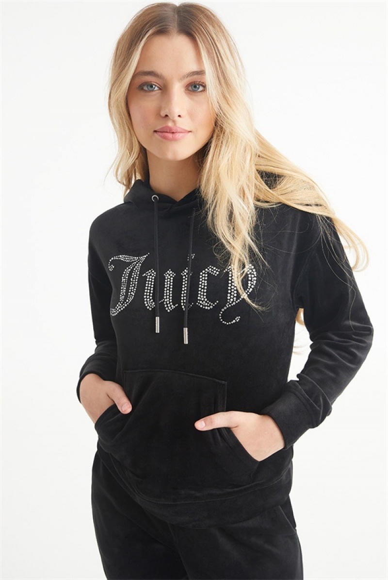 Juicy Couture Oversized Big Bling Velour Hoodie Svarte | JC-SN651540