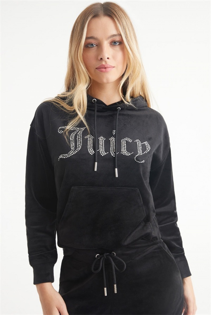 Juicy Couture Oversized Big Bling Velour Hoodie Svarte | JC-SN651540