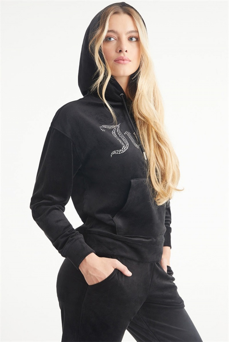 Juicy Couture Oversized Big Bling Velour Hoodie Svarte | JC-SN651540